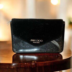 NEW! RARE Jimmy Choo Shimmer Crossbody Clutch Black Velvet Glitter Gold Strap